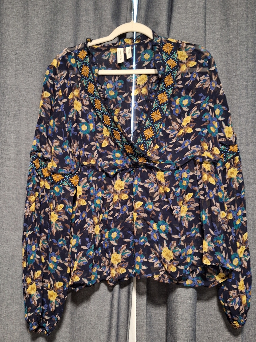 Anthropologie Navy Blouse with Yellow & Teal Floral Print Size L
